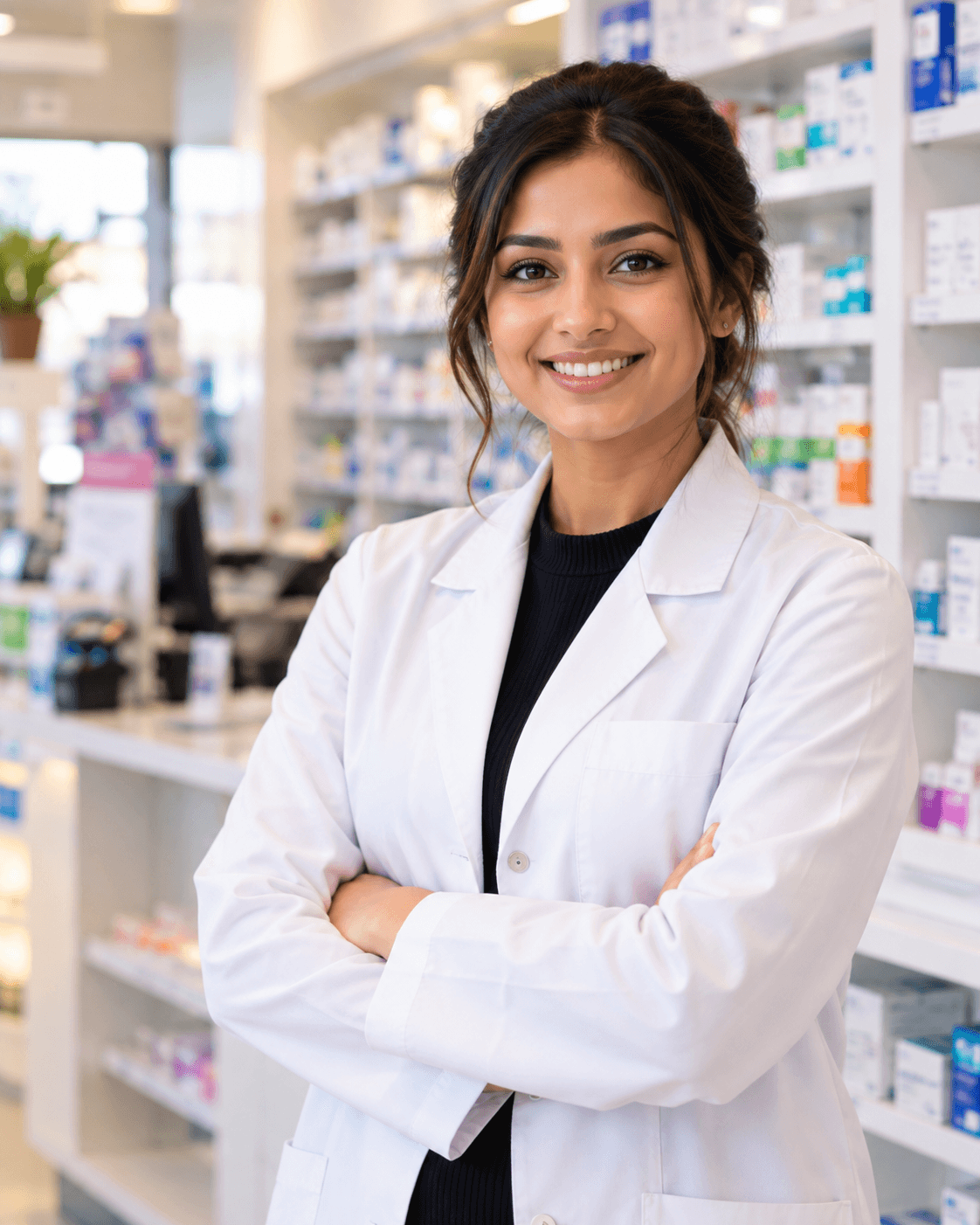 A smiling pharmacist in a community pharmacy